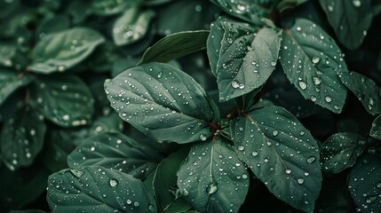 Canvas Print - Captivating close-up shot of lush,verdant green leaves adorned with glistening water droplets,showcasing the enchanting beauty of nature and the refreshing essence of a dewy morning.