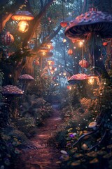 Wall Mural - Magical Forest Path with Glowing Mushrooms and Mystical Creatures - Enchanted Fairytale Scene