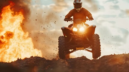 person drive atv vehicle on offroad track, extreme sport activities theme, with fire, created with generative ai