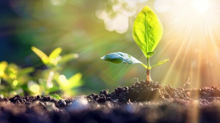 Sticker - Close-up of a young green seedling or sprout growing in fertile soil,with warm sunlight shining through the background. This image represents new life,growth,potential.