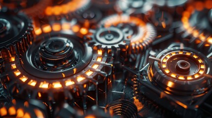 Wall Mural - Close-up view of intricate,interlocking gears and mechanical parts with glowing lights,showcasing the precision and complexity of advanced technology and engineering. This abstract.