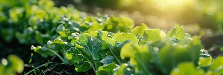 Sticker - Close-up view showcasing the vibrant,lush green leafy vegetables thriving in a well-tended garden under the warm morning sunlight.