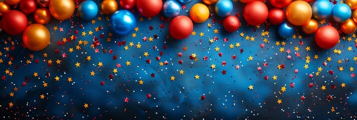 Colorful and vibrant flatlay mockup with American Independence Day-themed party supplies such as flags,balloons,and confetti arranged on the border of a minimalistic marigold background.