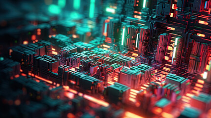 Aufkleber - Abstract motherboard structure with blocks and chips in purple and blue neon lights. Technology background with microchips on hardware circuitboard.