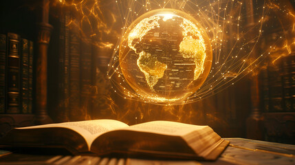 Futuristic global education with open book and planet map on yellow background. Ai
