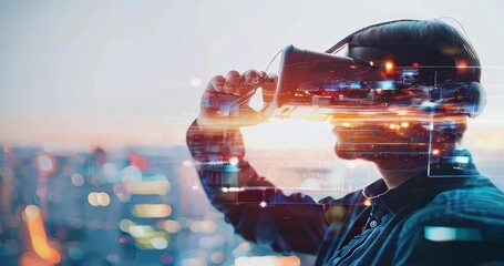 Wall Mural - QA engineer testing virtual environments with VR headset, surrounded by floating digital elements, copyspace provided