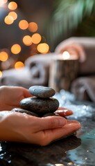 Wall Mural - Warm Stone Therapy for Hand Massage in Tranquil Spa Setting with Candles and Plush Towels