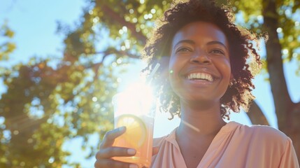 Wall Mural - A joyful woman with curly hair holding a glass of orange juice smiling brightly under a sunny sky with trees in the background.