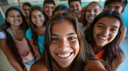 Wall Mural - A group of young people mostly girls smiling and posing for a selfie with one girl in the foreground looking directly at the camera showcasing a joyful and friendly atmosphere.