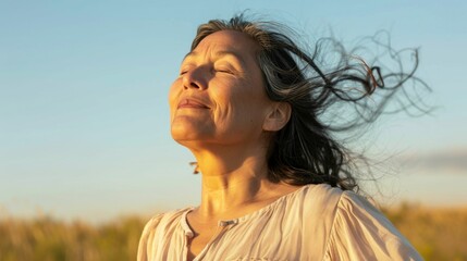Wall Mural - Woman with closed eyes smiling enjoying the wind standing in a field with her hair blowing in the breeze.