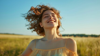 Poster - A joyful woman with curly hair wearing a yellow top smiling and looking up to the sky standing in a field of tall grass with a clear blue sky in the background.