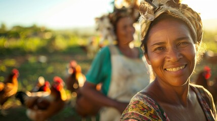 Wall Mural - A smiling woman with a headscarf standing amidst a flock of chickens with another woman in the background in a rural setting with a blurred landscape.