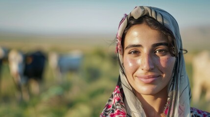 Sticker - A woman with a radiant smile wearing a colorful headscarf standing amidst a blurred backdrop of a field with grazing animals under a clear sky.