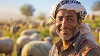 Poster - A smiling man in a turban standing amidst a flock of sheep in a field.