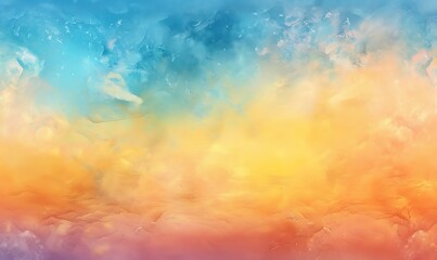 A wide, panoramic view of an ethereal sunset sky with rich, gradient colors transitioning from blue to orange to yellow, creating a dreamy and uplifting atmosphere