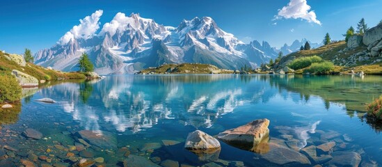 Wall Mural - Serene Mountain Lake with Crystal Clear Water and Majestic Peaks