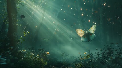 Wall Mural - a moth flying through a mystical forest spreading some light particles behind