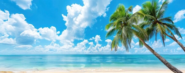 Palm trees on beautiful tropical beach with blue sky with white clouds, copy space of summer vacation and business travel concept background