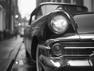 Close-up black and white photo of a vintage car parked on a wet street in a city.