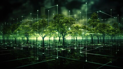 Poster - Green technology-themed image of a virtual server network, organic data structure design resembling a digital forest, energy-efficient concept, natural green and earth tones, eco-tech background