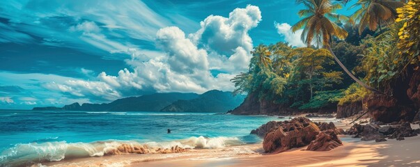 Wild island ocean tropical beach, breathtaking view, saturated colors