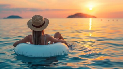 Woman in hat poses on an inflatable donut mattress in the sea at the sunset, view from back, beautiful nature, summer vacation, happy relaxing time