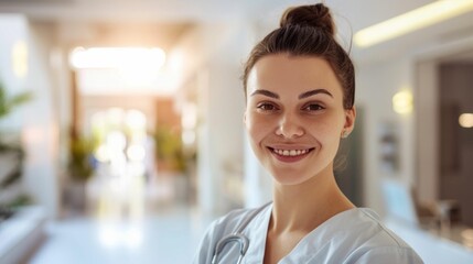 Canvas Print - Smiling female nurse in white uniform standing in a brightly lit hallway with a blurred background exuding a sense of warmth and professionalism.