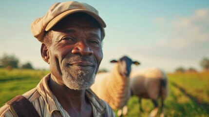 Sticker - A smiling man with a gray beard and a cap standing in a field with sheep under a blue sky with clouds.