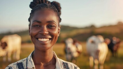 Wall Mural - A smiling woman with braided hair standing in a field with cows in the background during what appears to be sunset.
