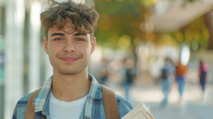 Wall Mural - Young man with curly hair wearing a plaid shirt smiling holding a book standing on a sidewalk with blurred background of a city street.