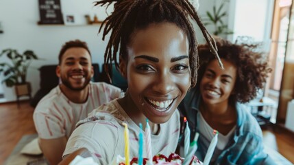 Poster - Three people smiling at the camera celebrating a birthday with a cake adorned with colorful candles in a cozy living room setting.