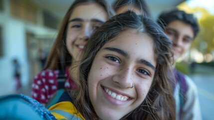 Wall Mural - A young girl with a radiant smile surrounded by her friends captures a moment of joy and camaraderie.