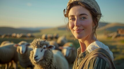 Poster - A young woman with a warm smile wearing a traditional hat standing amidst a flock of sheep in a pastoral setting with rolling hills and a clear sky.