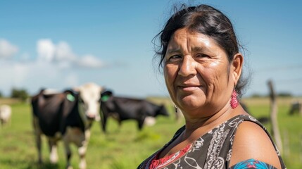 Canvas Print - A smiling woman with dark hair and a colorful top standing in a field with grazing cows under a blue sky with clouds.