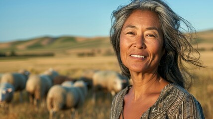 Wall Mural - A smiling woman with gray hair standing in a field of sheep with a backdrop of rolling hills and a clear sky.