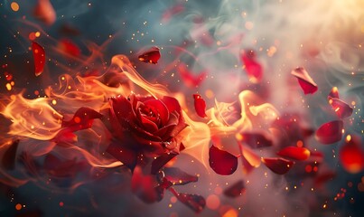 Wall Mural - Red rose petals caught in a swirling firestorm of flames, mist, and abstract elements, offering a mesmerizing and intense visual experience
