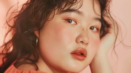 Poster - A close-up portrait of a young plus size woman with a soft rosy complexion wearing a subtle makeup look with a hint of pink on her cheeks set against a soft pink background.