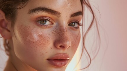 Wall Mural - A close-up of a woman with freckles and striking eyes set against a soft-focus pink background evoking a sense of youthful beauty and serenity.