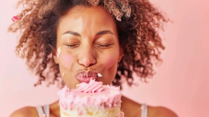 Canvas Print - A joyful woman with curly hair wearing a white top enjoying a bite of a pink frosted cake with her eyes closed surrounded by a soft pink background.