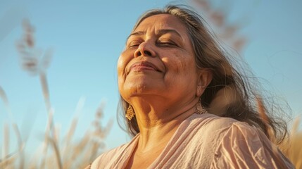 Wall Mural - A serene woman with closed eyes smiling wearing a pink blouse standing in a field with tall grass under a clear blue sky.