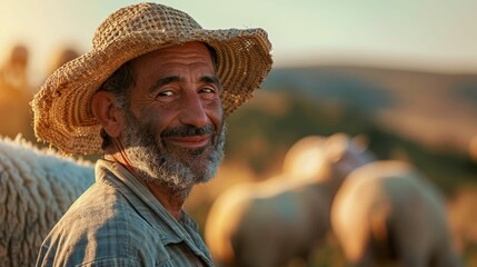 Wall Mural - A contented shepherd with a gray beard and straw hat smiling amidst his flock of sheep in a golden-hour pastoral scene.