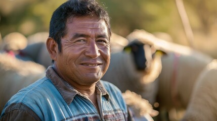 Sticker - Man with a warm smile standing amidst a flock of sheep exuding a sense of contentment and connection with nature.