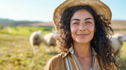 Wall Mural - A woman with curly hair wearing a straw hat smiling and standing in a field with sheep in the background.