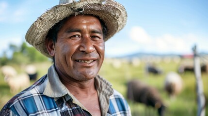 Wall Mural - A smiling man in a straw hat and plaid shirt standing amidst a herd of sheep on a lush green field under a clear sky.