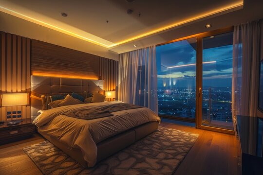 A luxury hotel suite with a plush bed, soft lighting, and a balcony overlooking a scenic cityscape.