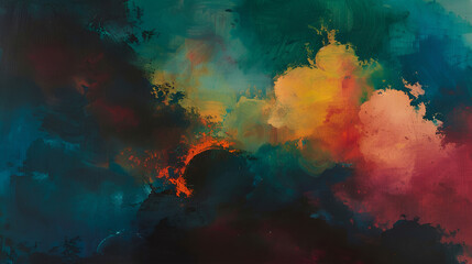 painting of a colorful cloud filled sky with a red and blue cloud