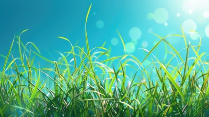 fresh spring green grass on a blue background