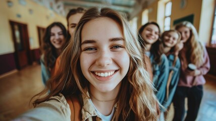 Wall Mural - A young woman with a radiant smile taking a selfie with her friends in a school hallway.