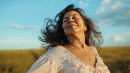 Wall Mural - Woman with closed eyes smiling standing in a field with her hair blowing in the wind wearing a white blouse with lace details.