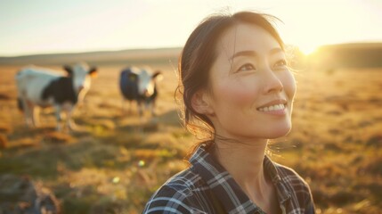 Wall Mural - A smiling woman in a plaid shirt standing in a field with cows at sunset.